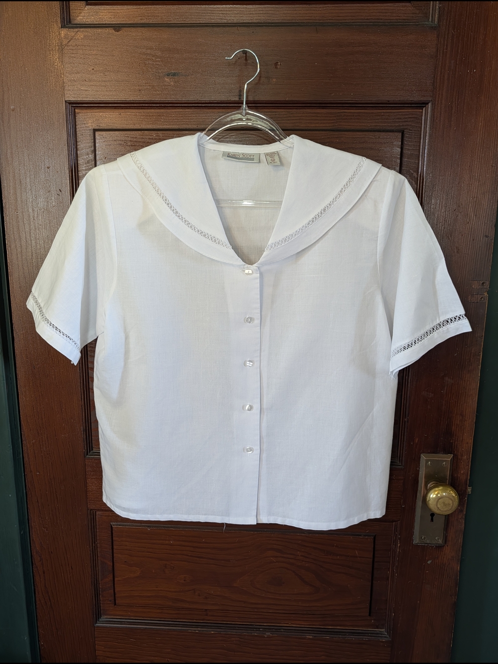 Vintage 90s White Sailor Collar Button-Front Blouse With Shoulder Pads